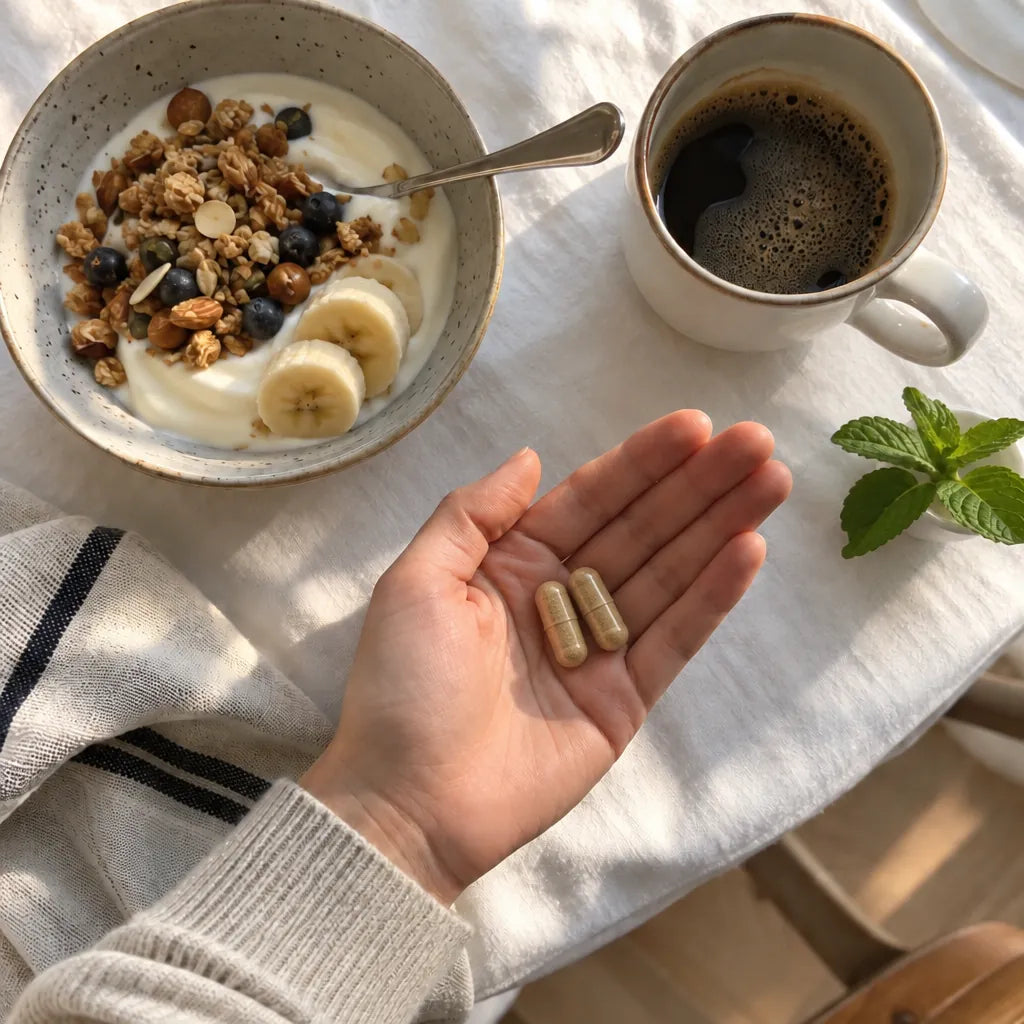 A hand holding two capsules at breakfast, beside yoghurt, coffee and a sprig of mint